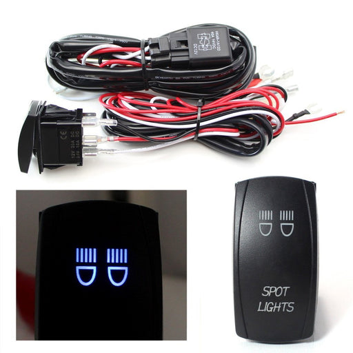 2-Output Relay Wiring Harness w/ Spot Lights Blue LED Light Switch For Fog Lamp