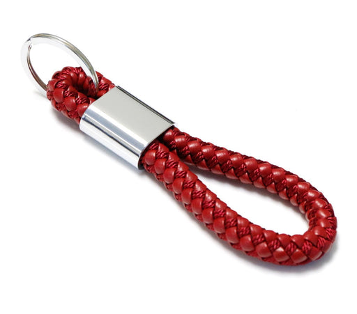 (1) Red Braided Leather Strap Keychain Ring For Car Key, Key Fob