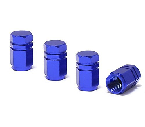 4-Pack Blue Hexagonal Aluminum Valve Stem Caps – Chrome Finish, Tire Accessory