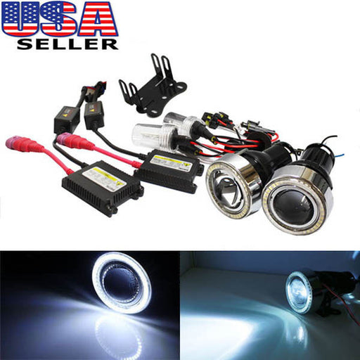 3" Projector Fog Light Lamps with LED Halo Angel Eyes Rings and 9006 8000K HID Combo