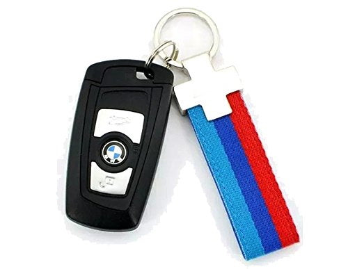 M-Colored Stripe Black Carbon Fiber Pattern Leather Key Holder with  Keychain For BMW 1 2 3 4 5 6 7 Series X3 Remote Fob 