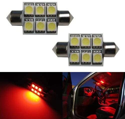 (2) Red 6-SMD LED Bulbs For Car Interior Dome Lights, 1.50 inch 36mm 6411 DE3425