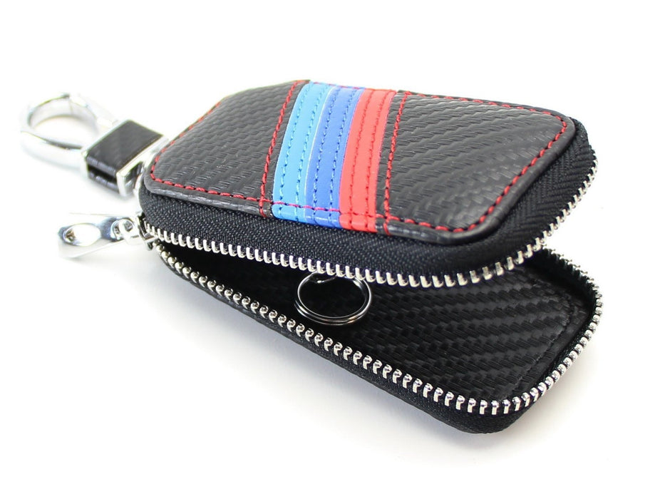 (1) M-Colored Stripe Carbon Fiber Pattern Leather Key Holder Cover For BMW Fans