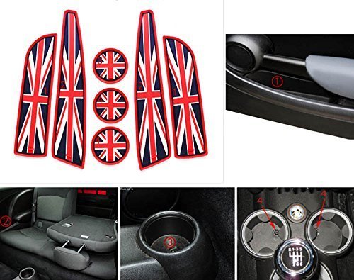 Union Jack Style Silicone Interior Cabin Mats For MINI Cooper R55 R56 R57 R58 R59, 7-Piece Cupholder Coasters, Side Door Compartment Liners-iJDMTOY