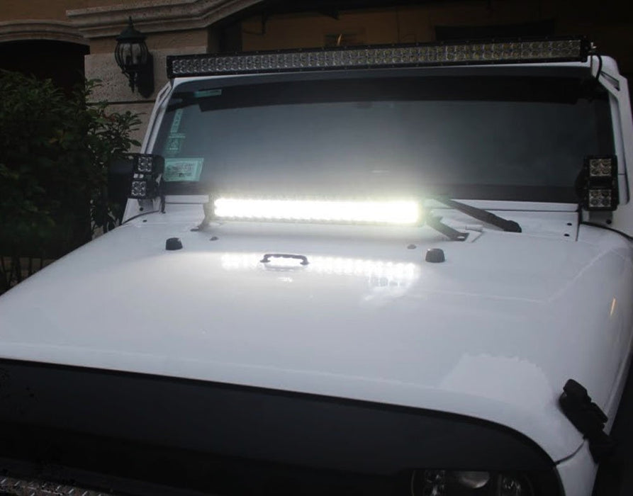 Hood Mount 20" LED Light Bar Kit For 2007-17 Jeep Wrangler JK, Includes (1) 120W High Power LED Lightbar, Hood Top Mounting Brackets & On/Off Switch Wiring Kit-iJDMTOY