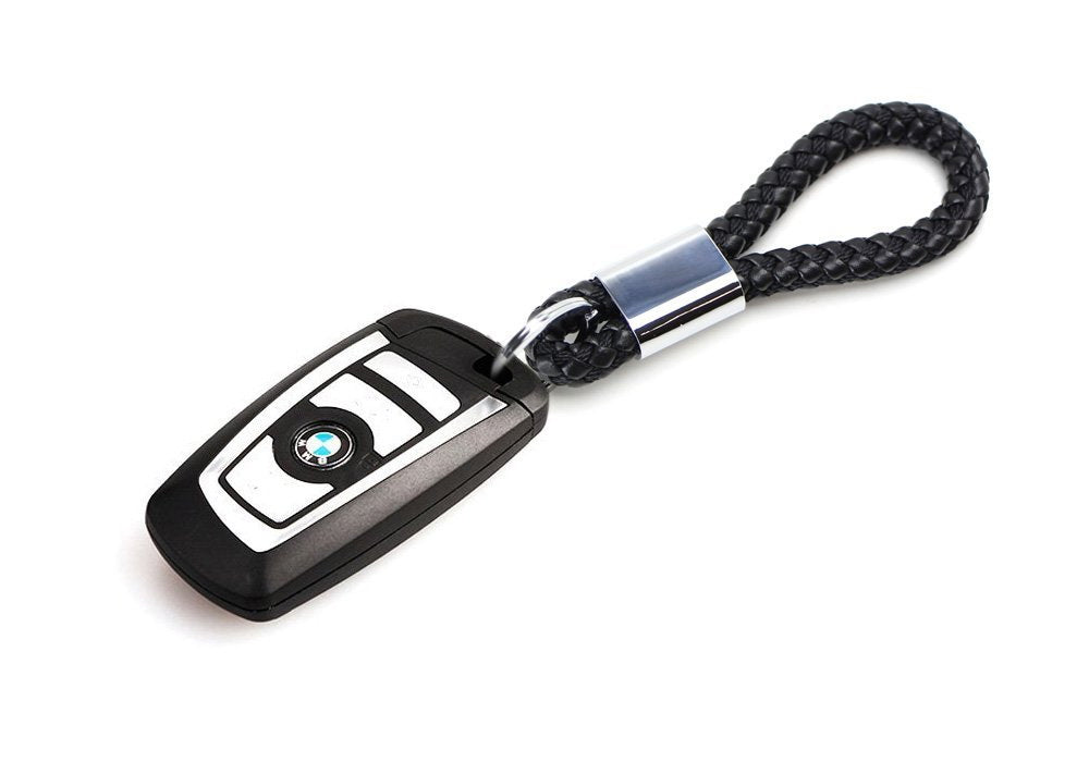 (1) Black Braided Leather Strap Keychain Ring For Car Key, Key Fob
