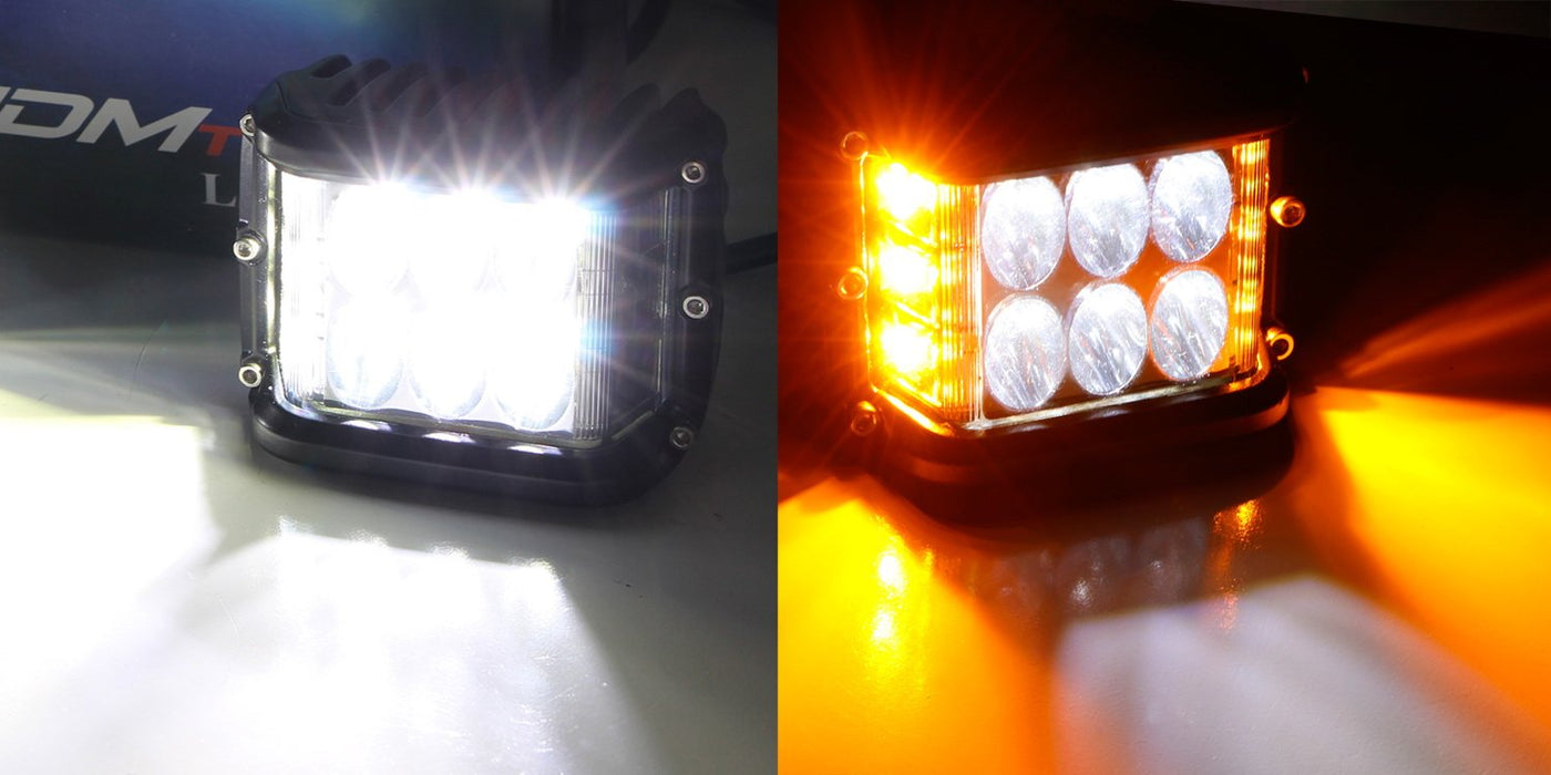 (2) White LED Pod Lamps w/ Amber Side Strobe Lights For Truck SUV Jeep Off-Road ATV 4x4 etc. Powered by (6) 6000K White CREE XB-D LED Diodes & (6) 2500K Yellow LED as Strobe Flashers-iJDMTOY