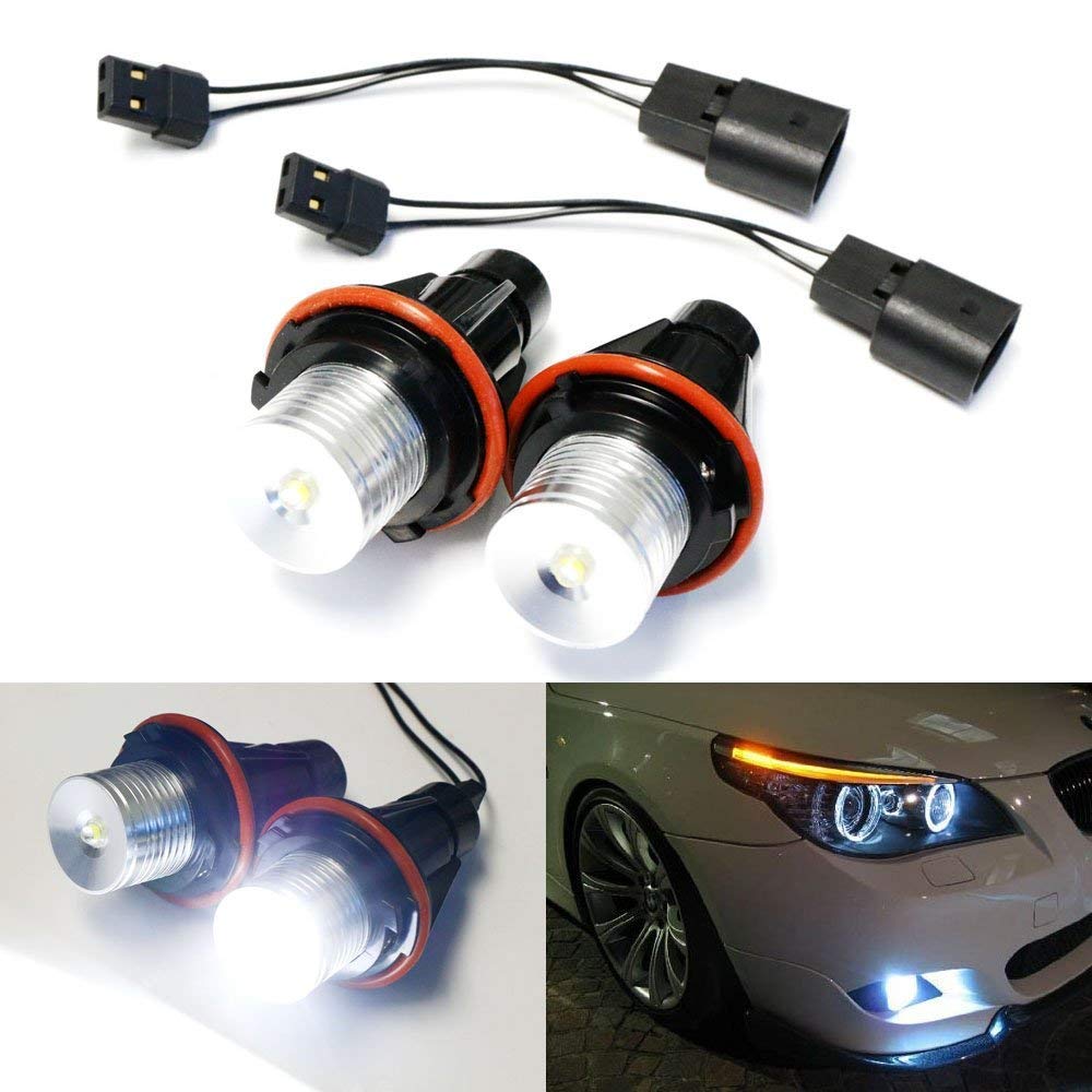 (2) White LED Angel Eye Bulbs For BMW E39 E53 E60 E63 E64 E65 E66 E83 5 6 7 Series X3 X5, Powered by 7000K Xenon White 5W LED Light w/ Keychain Lanyard-iJDMTOY