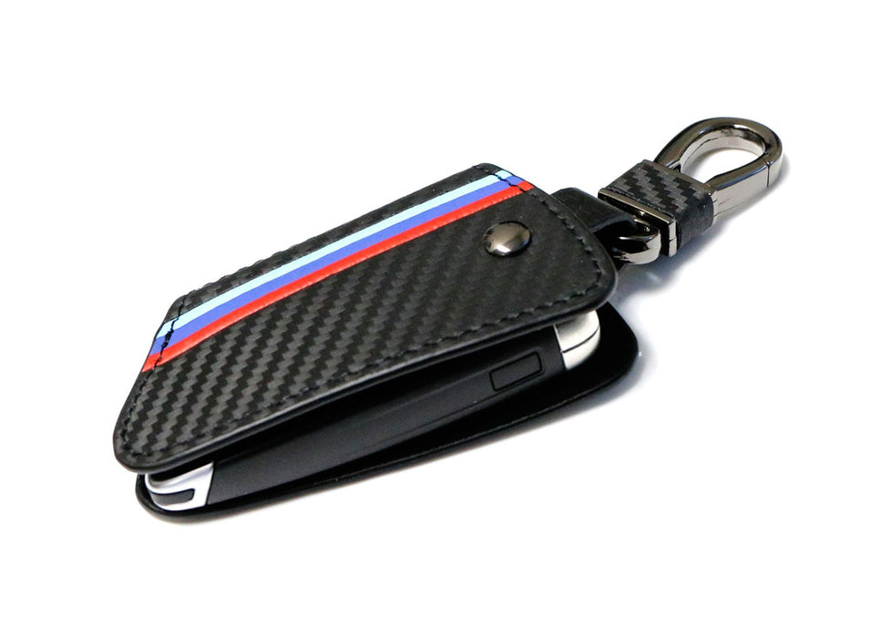 M-Colored Stripe Black Carbon Fiber Pattern Leather Key Holder with Keychain For 2016-up BMW X1, 2014-up BMW X5, 2015-up BMW X6, 2017-up BMW 5 Series & 2016-up BMW 7 Series Remote Fob-iJDMTOY