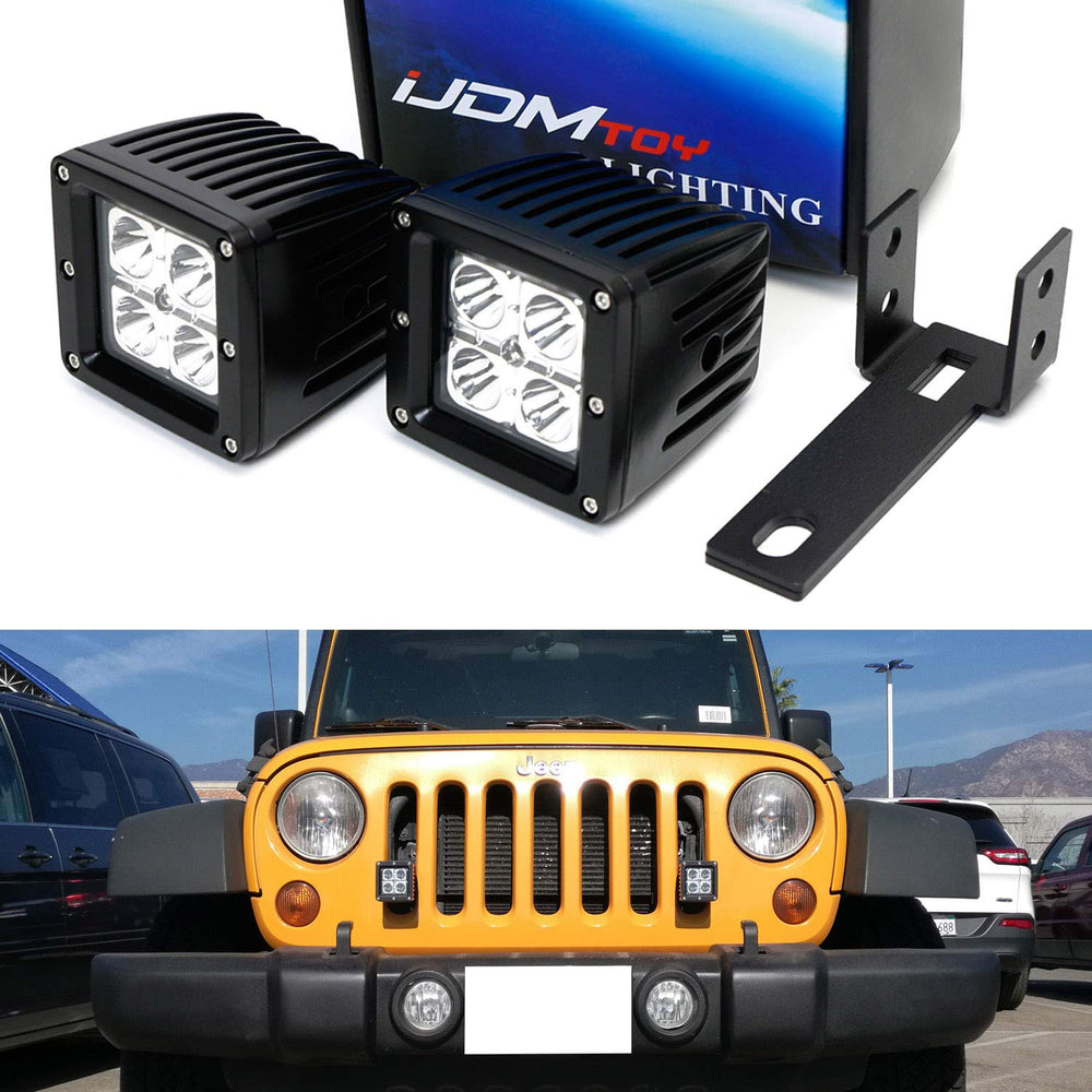 Front Grille LED Pod Light Fog Lamp Kit For 2007-17 Jeep Wrangler JK, Includes (2) 20W High Power CREE LED Cubes, Front Grill Mounting Brackets & On/Off Switch Wiring Kit-iJDMTOY