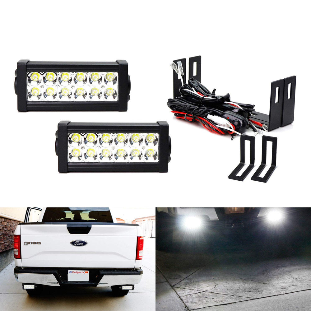 Rear Bumper Mount Searchlight Reverse LED Light Bar Kit For 2015-up Ford F150 & 17-up Raptor, Includes (2) 36W High Power LED Lightbars, Bumper Frame Mounting Brackets & On-Off Switch Wiring-iJDMTOY