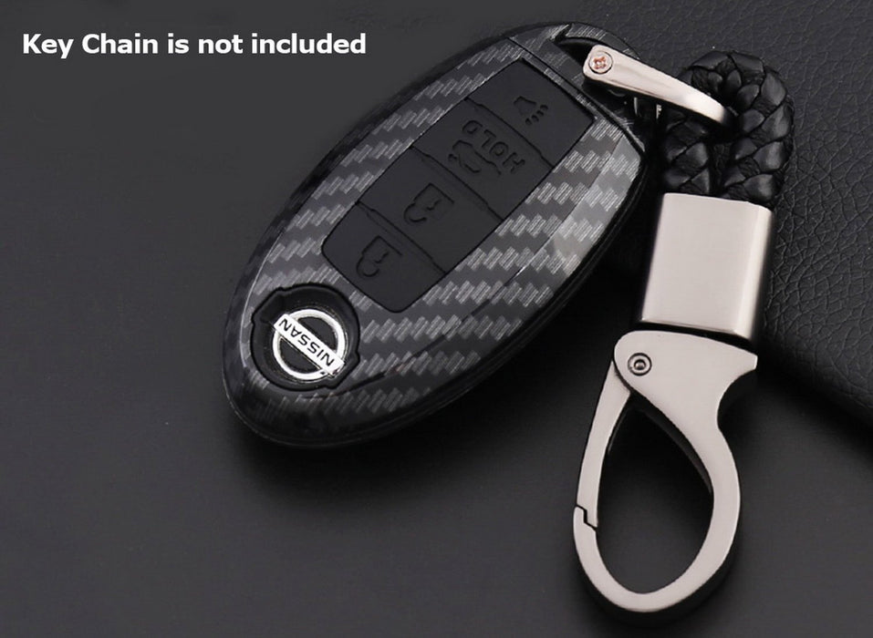 (1) Carbon Fiber Pattern Smart Key Fob Shell w/ Black Silicone Key Button Skin For Nissan Armada Rogue GT-R Murano Pathfinder Sentra Leaf Titan (4-Button only)-iJDMTOY