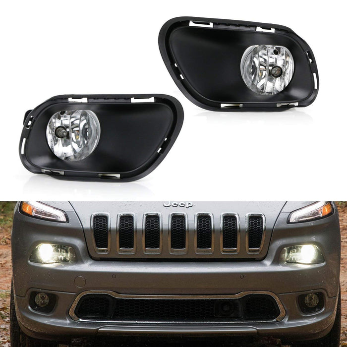 Complete Clear Lens Fog Lights Housings w/ Foglamp Bezel Covers, Wiring Harness Switch Set For 2014-2018 Jeep Cherokee-iJDMTOY