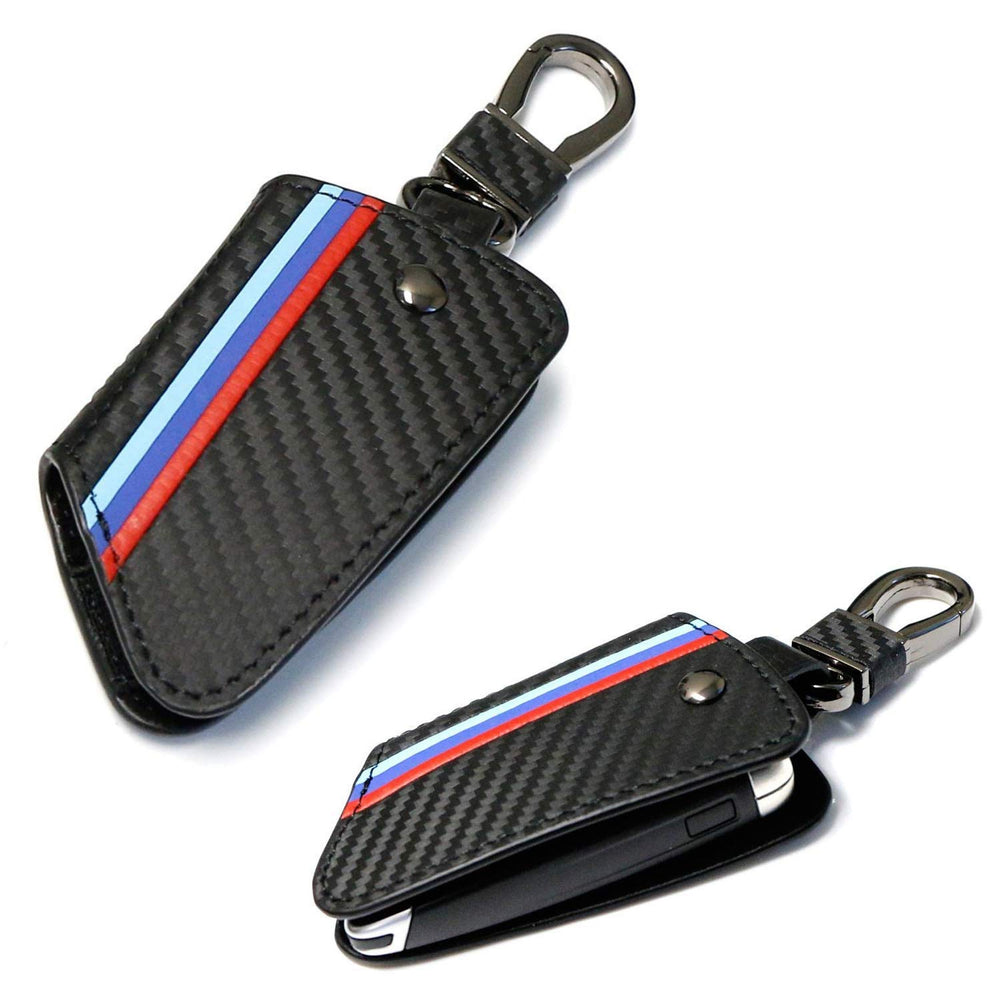 M-Colored Stripe Black Carbon Fiber Pattern Leather Key Holder with Keychain For 2016-up BMW X1, 2014-up BMW X5, 2015-up BMW X6, 2017-up BMW 5 Series & 2016-up BMW 7 Series Remote Fob-iJDMTOY