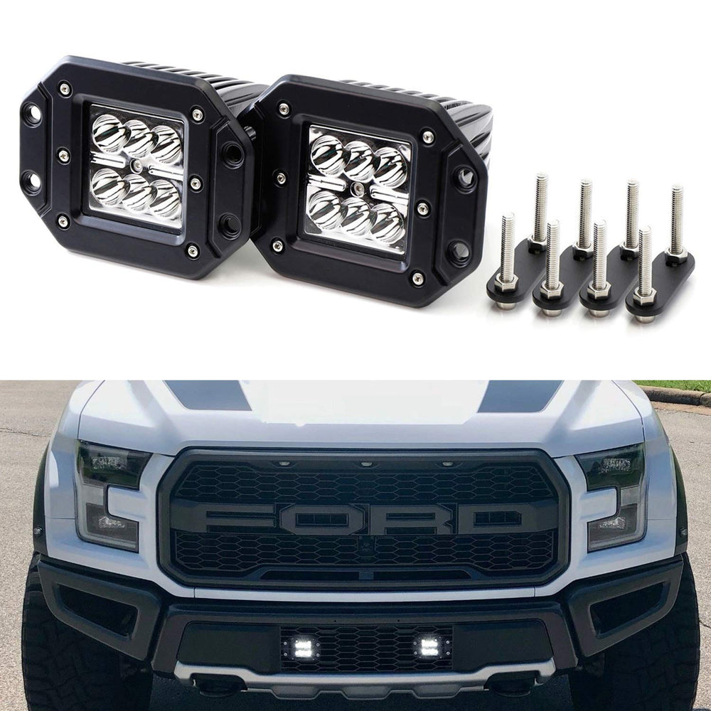 Flush Mount LED Podlamp Kit For Trucks/SUVs w/ Grille Mesh, Includes (2) 24W High Power CREE LED Pod Lights, Behind Grille Mesh Metal Mount Brackets & Toggle Switch Relay Wiring-iJDMTOY