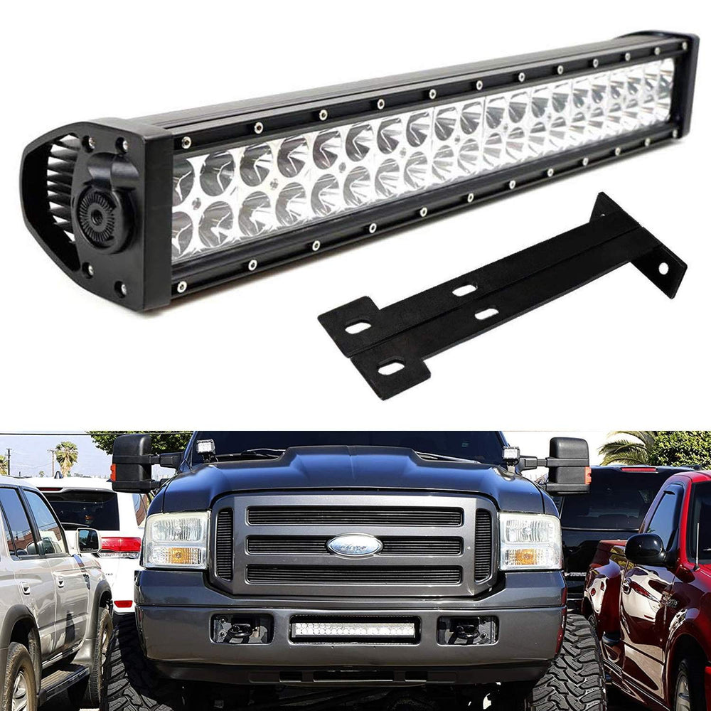 Lower Grille 20" LED Light Bar Kit For 1999-2007 Ford F250 F350 Super Duty, Includes (1) 120W High Power LED Lightbar, Lower Bumper Opening Mounting Brackets & On/Off Switch Wiring Kit-iJDMTOY