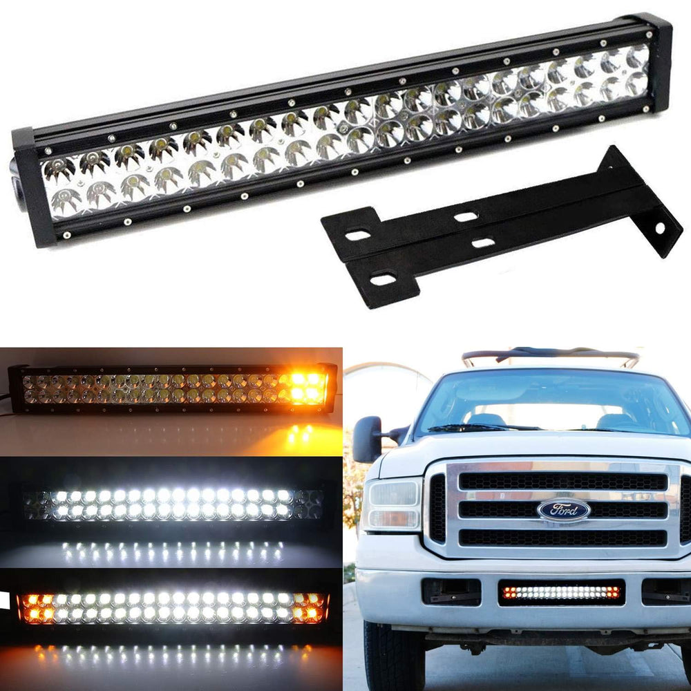 Lower Bumper 20" 120W LED Light Bar Kit For 1999-07 Ford F250 F350 Super Duty, Includes (1) Amber LED Strobe LED Lightbar, Lower Bumper Grille Mount Brackets & Relay Wiring Dual On/Off Switch-iJDMTOY