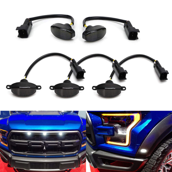 Clear Lens 60-SMD LED Front Grille Running Lights and Front Fender Flare Side Marker Lights For 2010-2014 Ford Raptor, Xenon White-iJDMTOY
