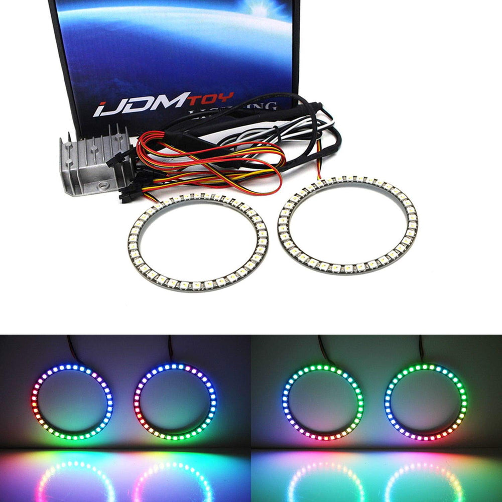 (2) Universal 80mm or 100mm RGBW Color Shifting Flashing 60-SMD LED Angel Eye Halo Ring Lighting Kit w/ RF Wireless Remote Control For Headlight Retrofit-iJDMTOY