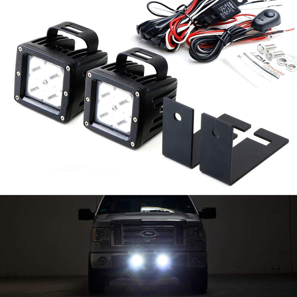 LED Pod Light Fog Lamp Kit For 2009-14 Ford F150, Includes (2) 20W High Power CREE LED Cubes, Center Lower Grille Location Mounting Brackets & On/Off Switch Wiring Kit-iJDMTOY