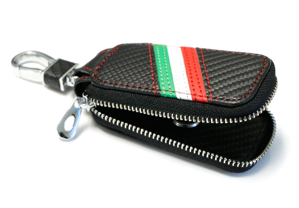 (1) Italian Italia Flag Stripe Carbon Fiber Pattern Leather Key Holder Cover Wallet For Fiat Ferrari Maserati Lamborghini, etc-iJDMTOY