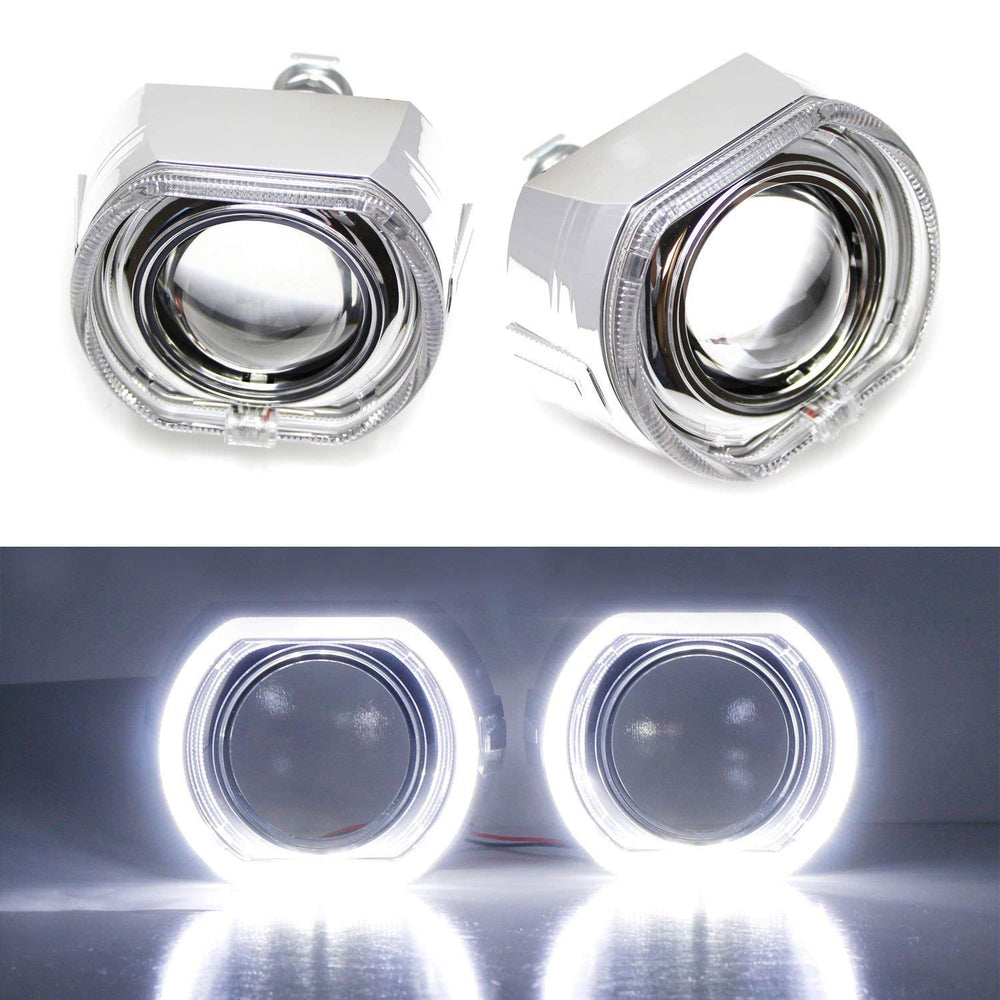 3.0" H1 Bi-Xenon HID Projector Lens w/ DTM Style Square LED Halo Rings Daytime Running Light Shroud For Headlight Retrofit, Custom Headlamps Conversion-iJDMTOY