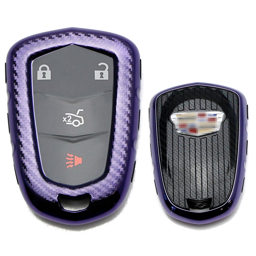 Purple w/Carbon TPU Key Fob Protective Case For Cadillac 15-19/20 ATS CTS CT6...