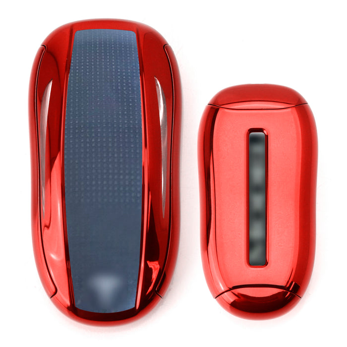 Red TPU Key Fob Cover w/ Button Cover Panel For 16-21 Tesla Model X Smart Key