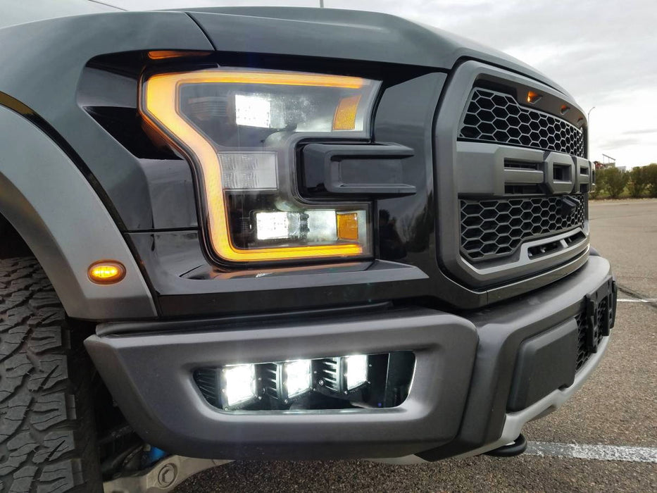 Triple LED Pod Light Fog Lamp Kit For 2017-2020 Ford Raptor, (6) 20W CREE LED Cubes, Lower Bumper Opening Mounting Brackets & On/Switch Wiring Kit