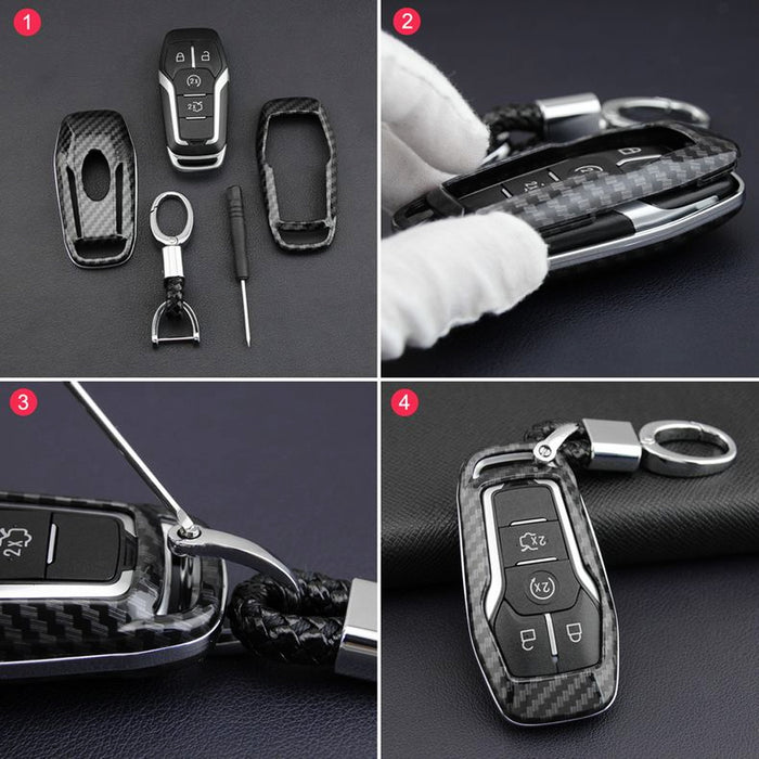 Exact Fit Black Glossy Carbon Fiber Finish Key Fob Shell w/ Keychain For Ford or Lincoln 4/5-Button Intelligent Access Key