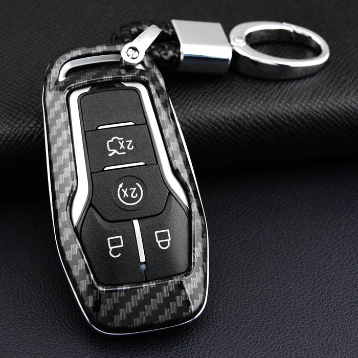 Exact Fit Black Glossy Carbon Fiber Finish Key Fob Shell w/ Keychain For Ford or Lincoln 4/5-Button Intelligent Access Key