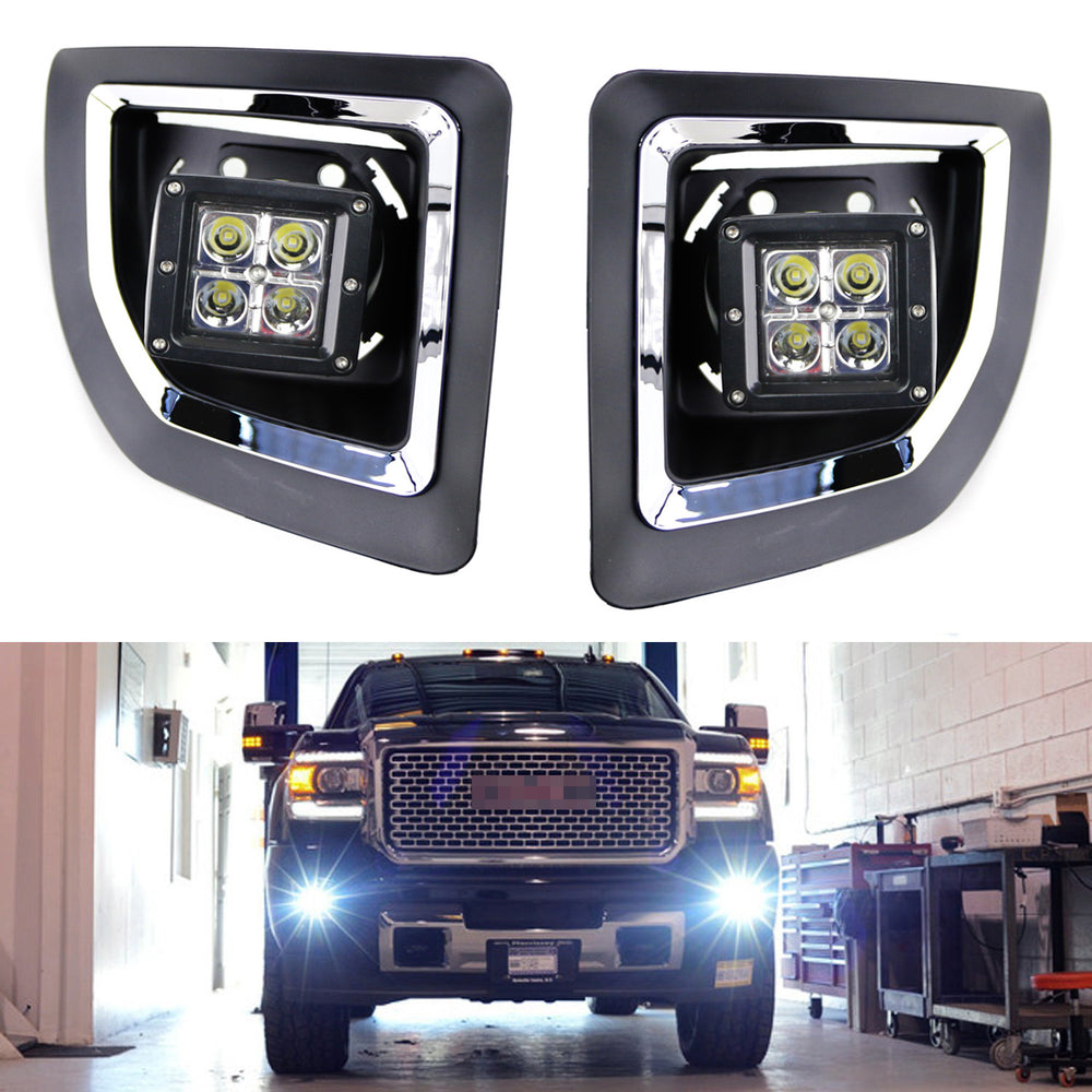 LED Pod Light Fog Lamp Kit For 2015-19 GMC Sierra 2500 3500 HD, (2) 20W CREE LED Cubes, Foglight Bezel Covers, Fog Location Mounting Brackets & Wiring