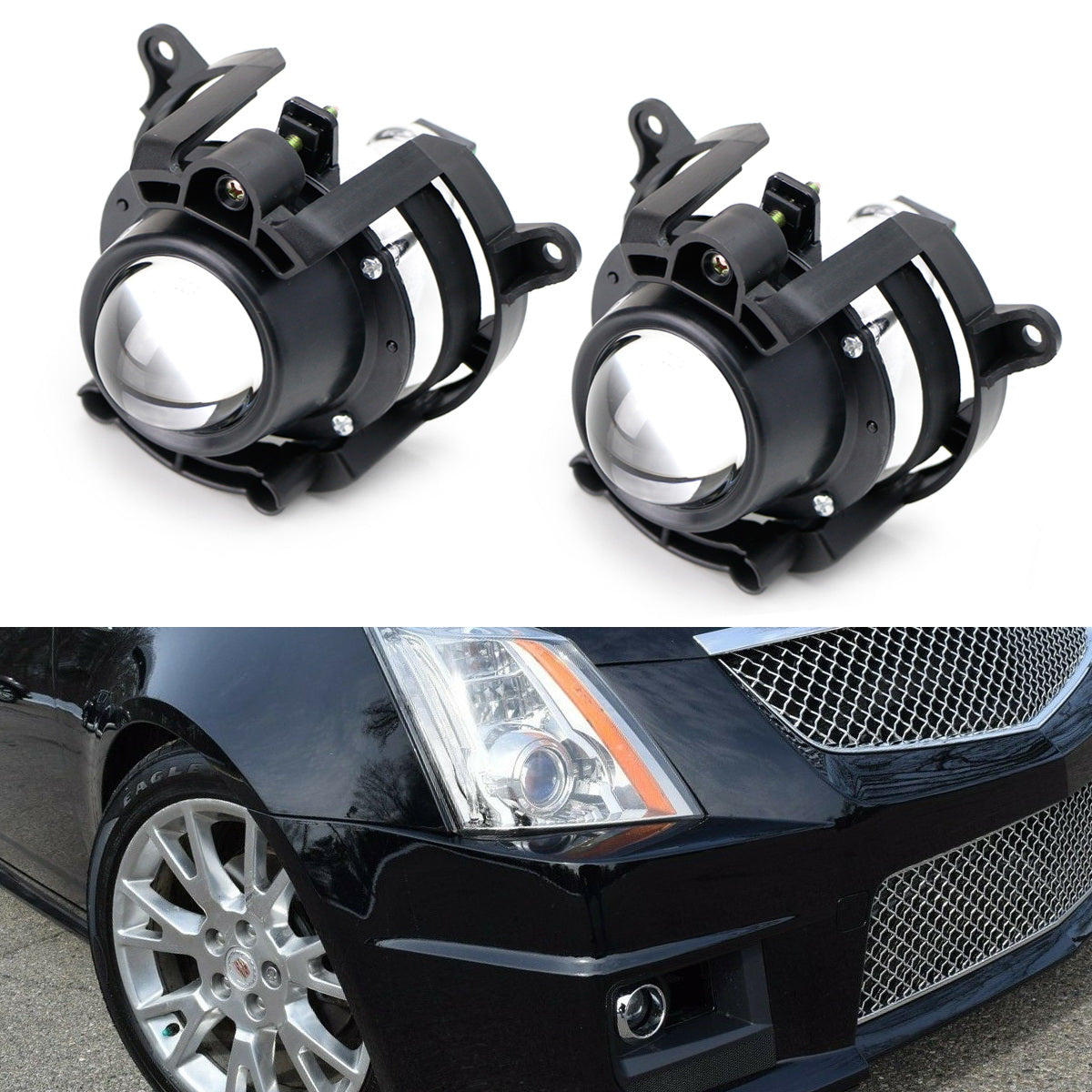 Front Fog Light Assembly Kit For Cadillac CTS 2008-2014 & XLR 2009 - Clear Lens, Black Housing