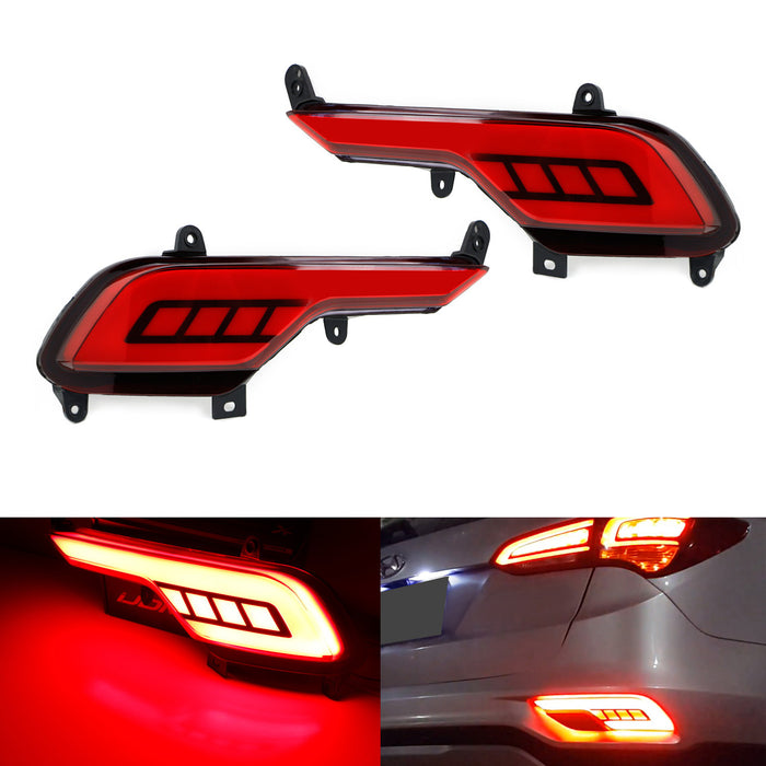 JSR Style Red Lens LED Bumper Reflector Lights For 17-18 Hyundai Santa Fe Sport, Function as Tail, Brake & Rear Fog Lamps