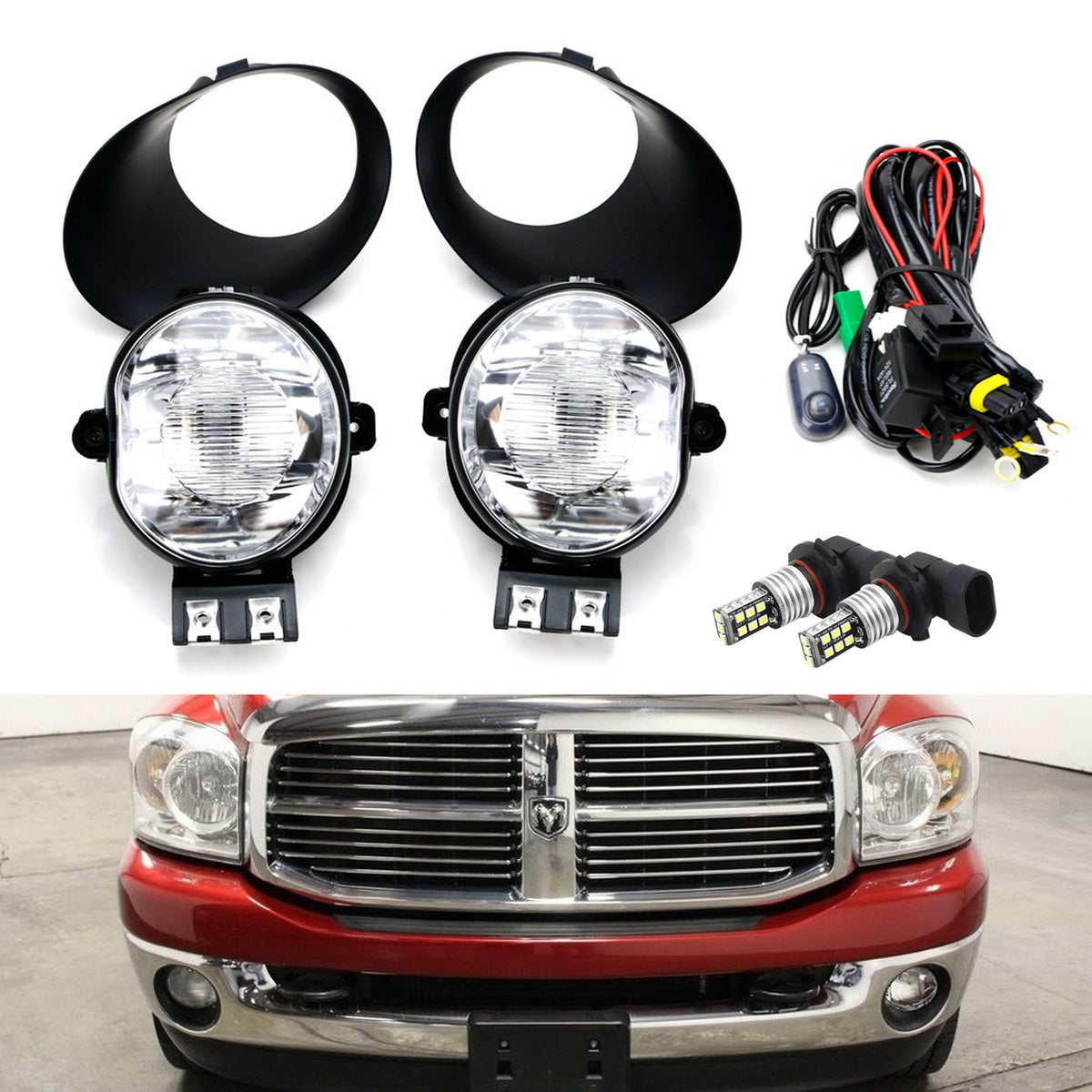 Clear Lens Fog Lights w/White LED Bulbs, Cover/Wire For Dodge RAM
