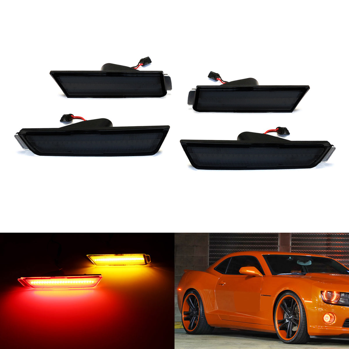 Smoked Lens Front Amber Rear Red LED Side Marker Lights For 2010-15 Chevy  Camaro