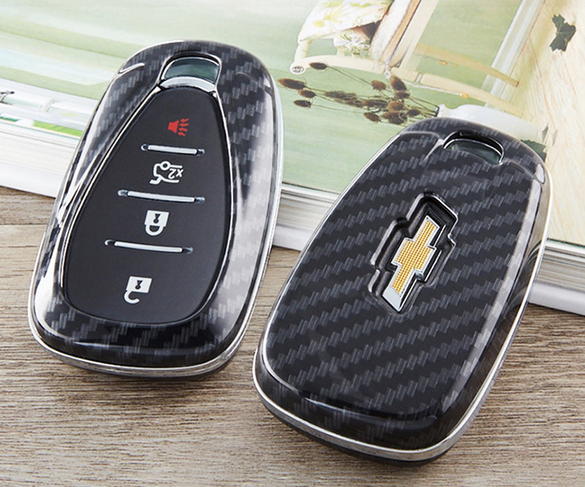 Glossy Black "Carbon Fiber" Pattern Exact Fit Key Fob Shell w/Keychain For Chevy