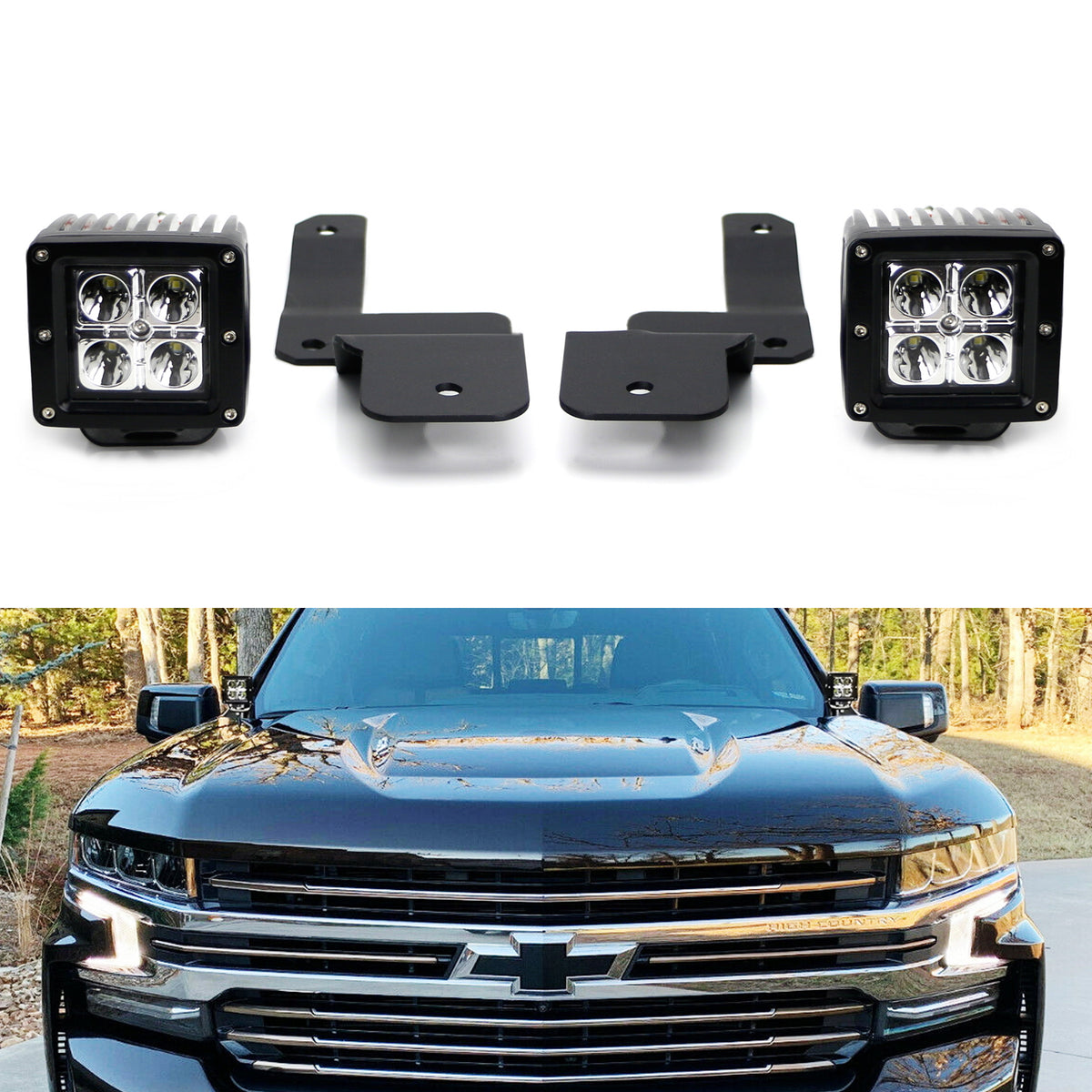 40W CREE LED Pod Lights w/A-Pillar Bracket/Wiring For 19-up Chevy Silverado 1500 40W CREE LED Pod Lights w/A-Pillar Bracket/Wiring For 19-up Chevy Silverado 1500
