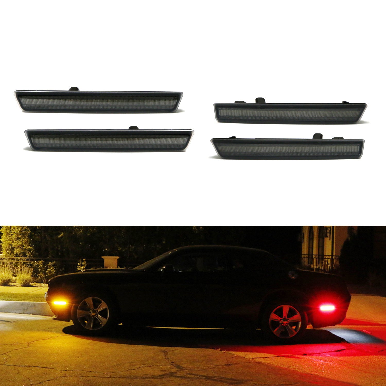 Smoked LED Side Marker Lights For 2015-2020 Dodge Challenger - Front Amber, Rear Red, Easy Install