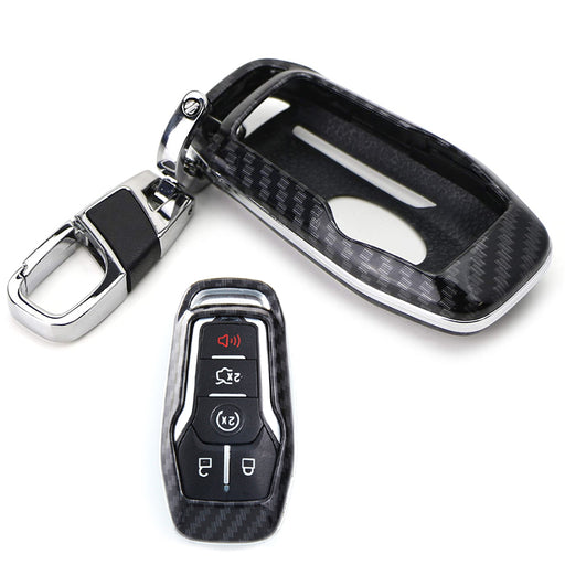 Black Glossy "Carbon Fiber" Pattern Key Fob Shell w/ Keychain For Ford Lincoln