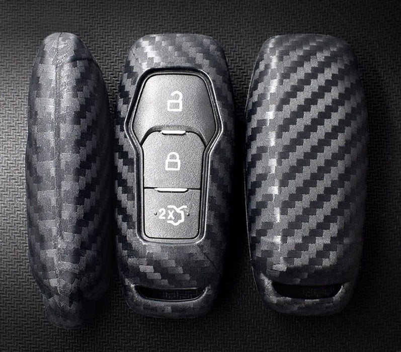"Carbon Fiber" Soft Silicone Key Fob Cover For 2015-2017 Ford Explorer or F-150 3-Button Keyless Smart Key (Black Twill Weave Pattern)-iJDMTOY
