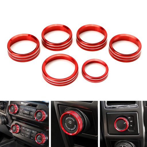 6pc Red AC Stereo Volume/Tune Trailer Switch Knob Ring Covers For 2016-20 F-150