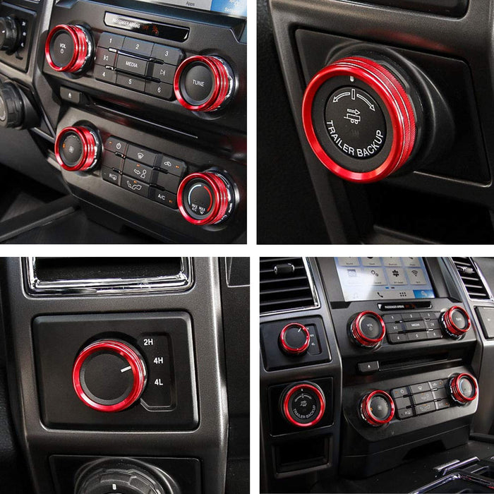 6pc Red AC Stereo Volume/Tune Trailer Switch Knob Ring Covers For 2017-2020 F250