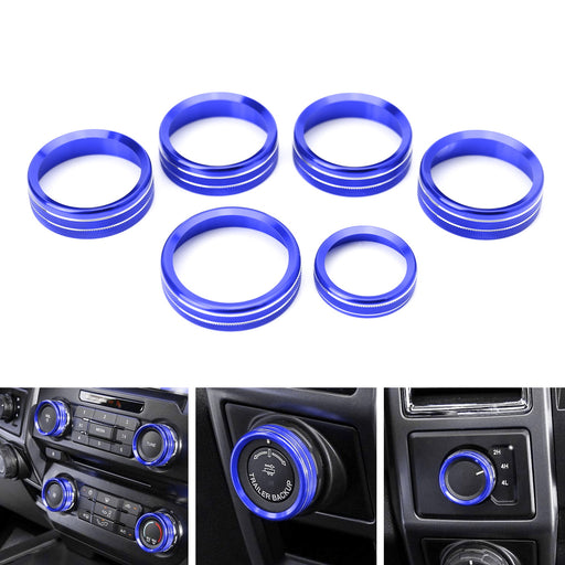 6pc Blue AC Stereo Volume/Tune Trailer Switch Knob Ring Covers For 2016-20 F-150
