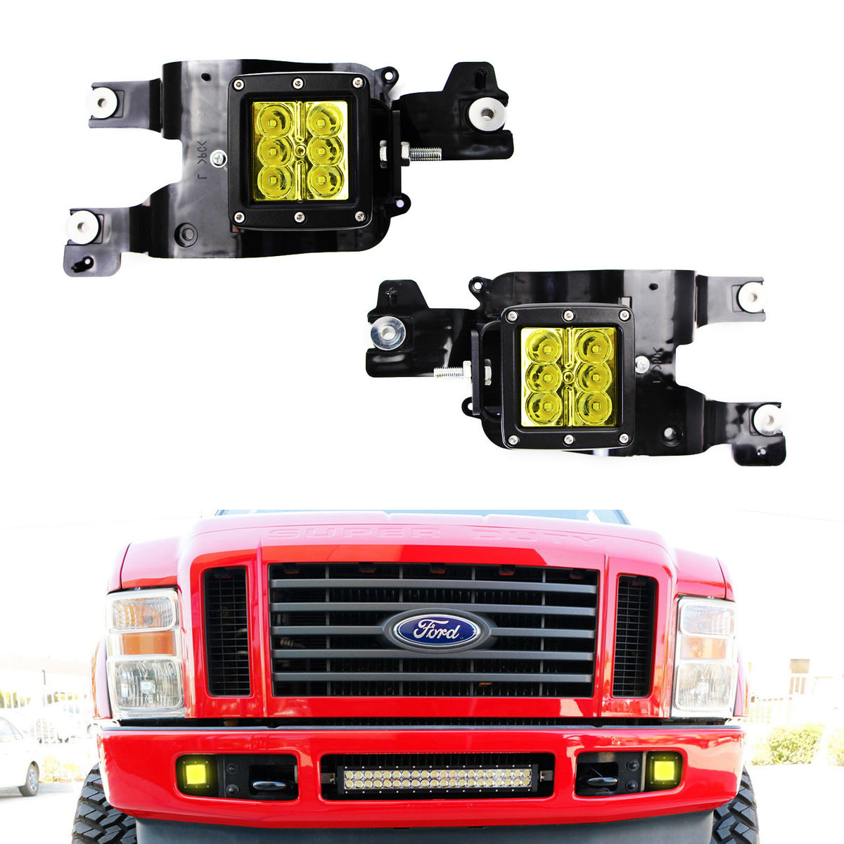 Yellow 24W LED Pods w/ Foglight Bracket/Wirings For 08-10 Ford F250 F350 F450 SD Yellow 24W LED Pods w/ Foglight Bracket/Wirings For 08-10 Ford F250 F350 F450 SD