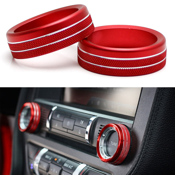 2pcs Red Stereo Audio Vol Control Switch Knob Ring Covers For 15-23 Ford Mustang