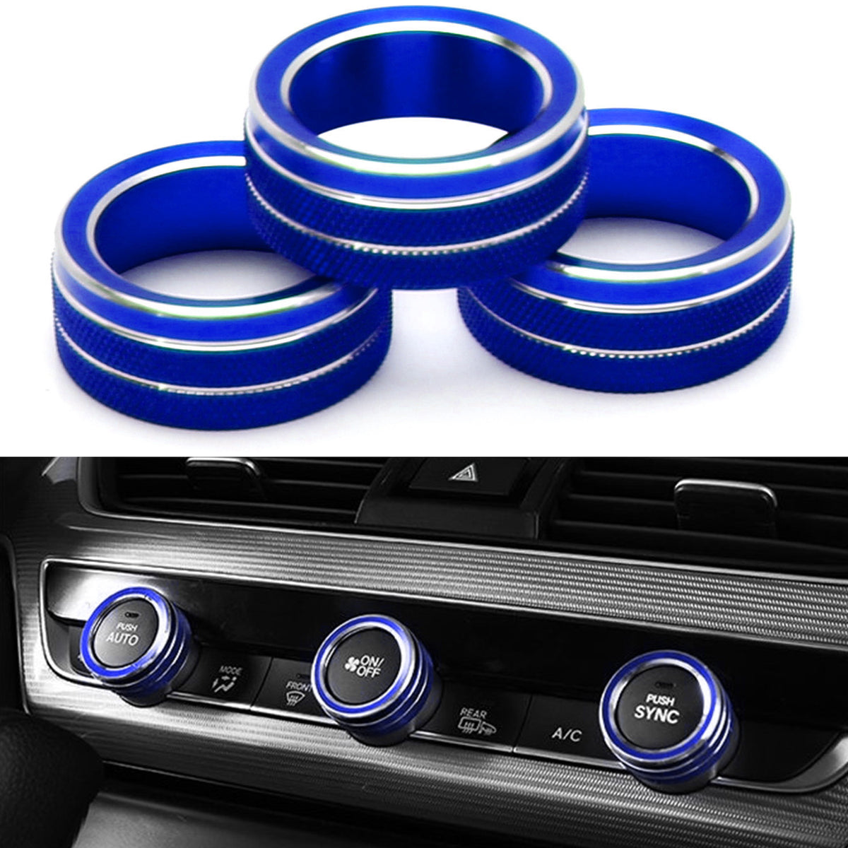 3pcs Sports Blue Anodized Aluminum AC Climate Control Switch Knob Ring