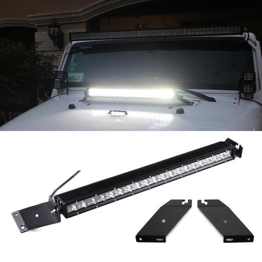 100W 21" LED Light Bar w/ Hood Mounting Bracket, Wiring For 07-17 Jeep Wrangler