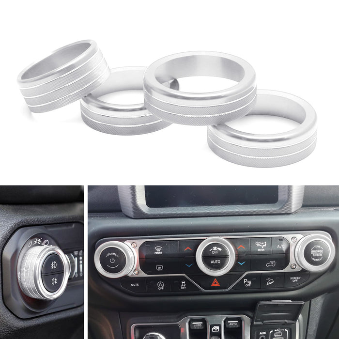 Silver Volume AC Tune Knobs & Headlight Switch Covers For Jeep 18-up Wrangler JL