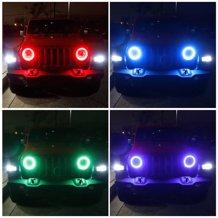 RGB LED Headlight Angel Eye Halo Ring Kit For 2018-up Jeep Wrangler JL Retrofit